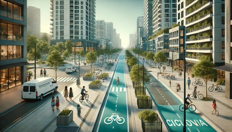 Render conceptual de urbanismo con edificios, avenidas y parques ordenados, reflejo de una ciudad sostenible y planeada.