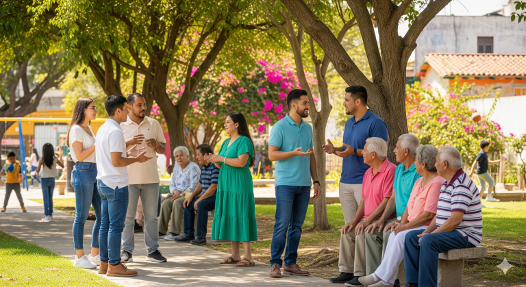Vecinos reunidos en la banqueta del parque conversando, ejemplo de participación comunitaria en la planeación urbana.