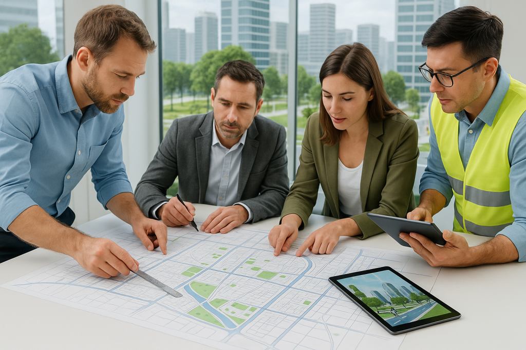 Urbanistas revisando planos urbanos como base para proyectos de desarrollo sostenible.