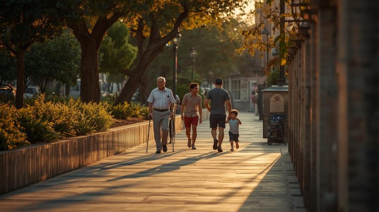 Banqueta accesible en la Ciudad de México con personas caminando al atardecer, árboles y luz cálida que simbolizan inclusión y bienestar urbano.
