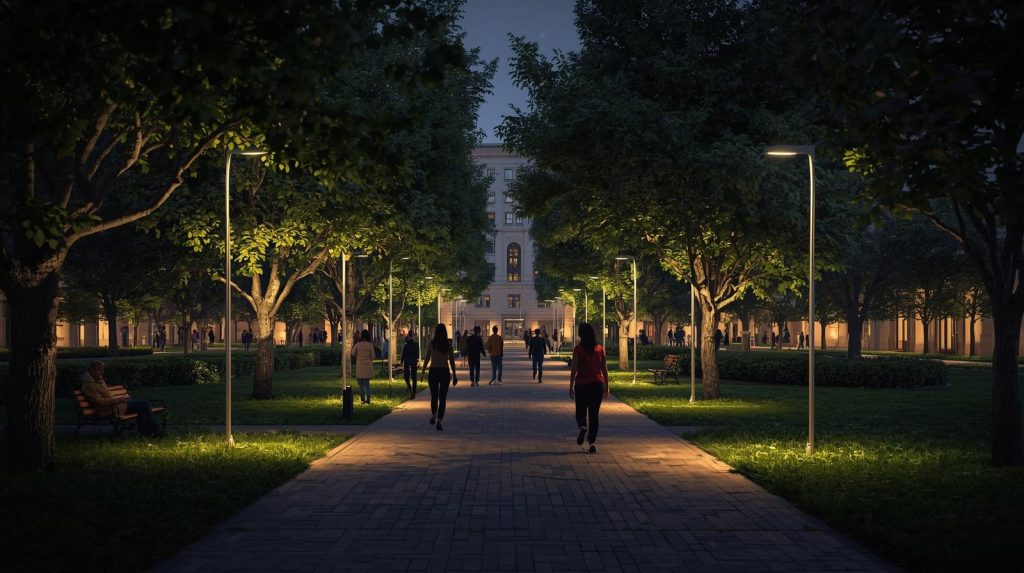 Fotografía de un parque urbano moderno iluminado de noche, con personas caminando y mobiliario urbano visible, que representa cómo el diseño del espacio público contribuye a la seguridad ciudadana.