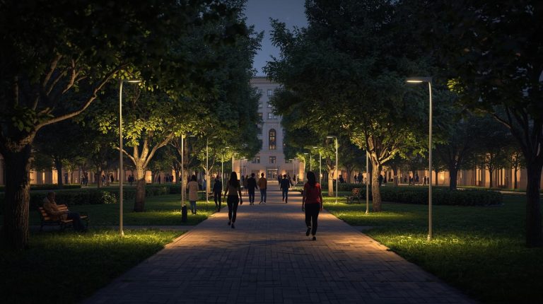 Fotografía de un parque urbano moderno iluminado de noche, con personas caminando y mobiliario urbano visible, que representa cómo el diseño del espacio público contribuye a la seguridad ciudadana.