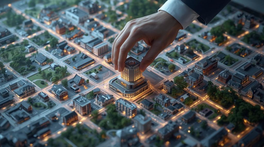 Mano humana moviendo un edificio como ficha sobre un tablero urbano con calles, parques y transporte público, representando la planificación estratégica de la ciudad.