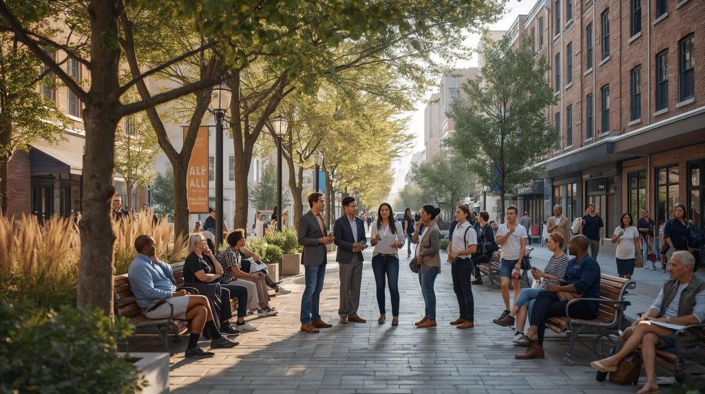 Equipo de urbanistas conversando con vecinos en un espacio público moderno, representando un urbanismo centrado en la comunidad.