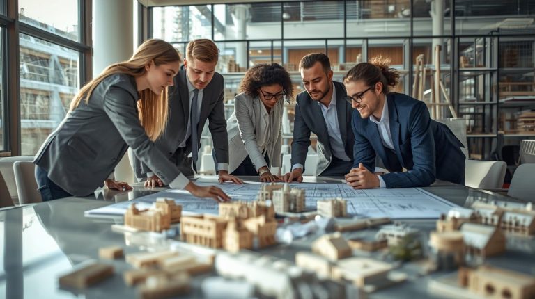 Equipo de urbanistas revisando planos y estudios técnicos para un proyecto de desarrollo urbano sostenible.