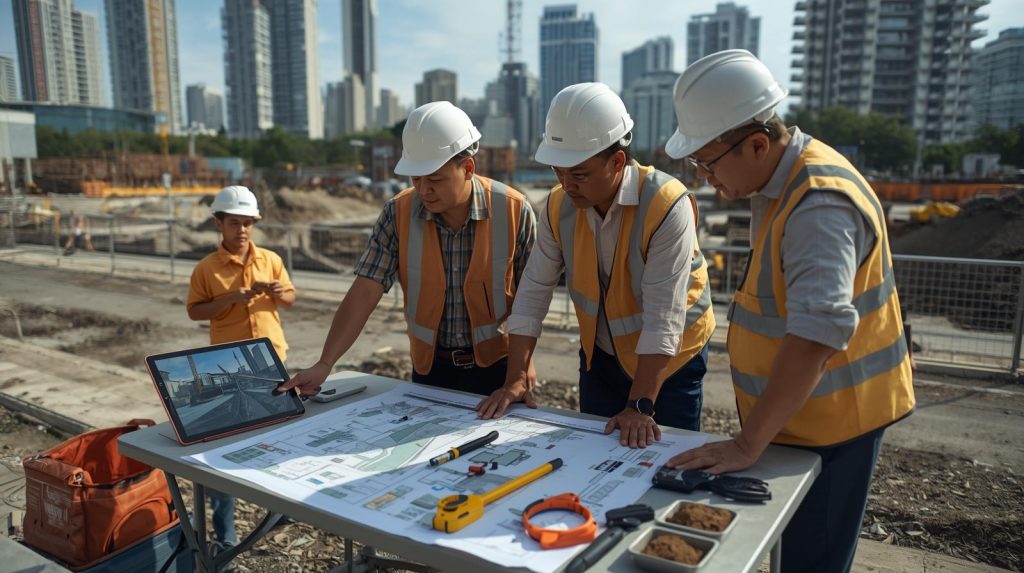 Equipo de ingenieros y urbanistas realizando estudio urbano para construir con inteligencia, con planos, tabletas y muestras de suelo en un proyecto de desarrollo sostenible.