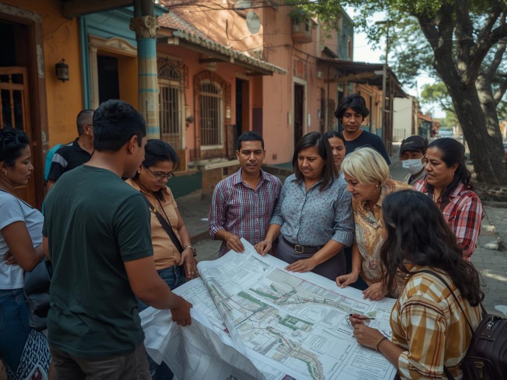 Vecinas y vecinos de una colonia popular en México analizando planos urbanos y participando en la transformación de su comunidad.