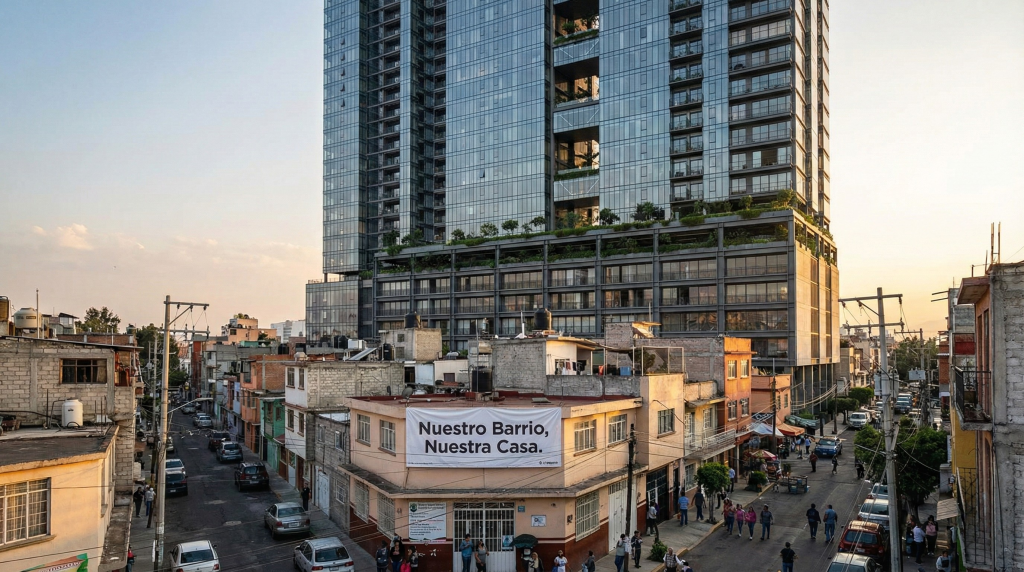 Fotografía de estilo documental que muestra el fuerte contraste entre un enorme rascacielos residencial de cristal y un barrio tradicional de casas bajas en una ciudad mexicana. Una pancarta blanca colgada en un edificio antiguo dice "Nuestro Barrio, Nuestra Casa", ilustrando la tensión social por la gentrificación.
