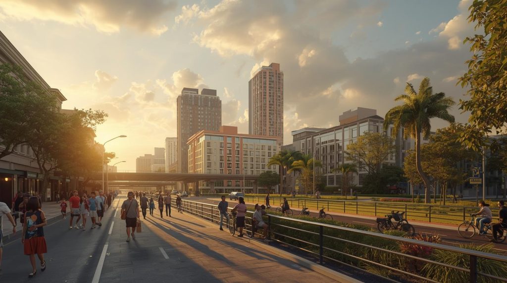 Ciudad latinoamericana con espacio público activo que refleja cómo el urbanismo influye en la convivencia y los valores sociales.