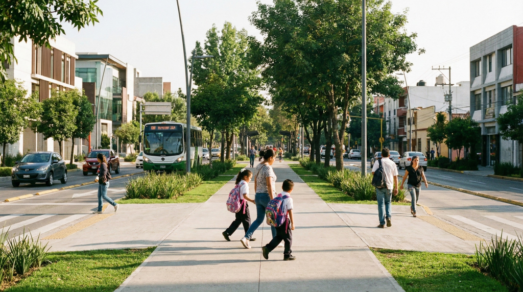 Vialidad urbana moderna con andadores peatonales, transporte público y personas desplazándose de forma segura en una ciudad mexicana