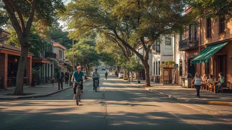 Barrio urbano caminable con comercios, áreas verdes y servicios cercanos que representa el modelo de ciudad de 15 minutos